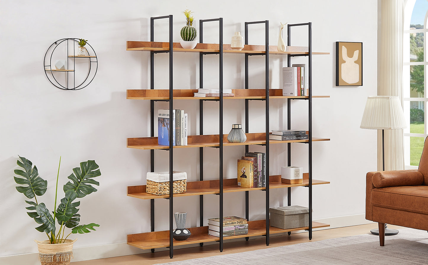 Estantería de 5 niveles para oficina en casa, estilo industrial vintage, tablero de MDF, estructura de metal negro, color marrón.