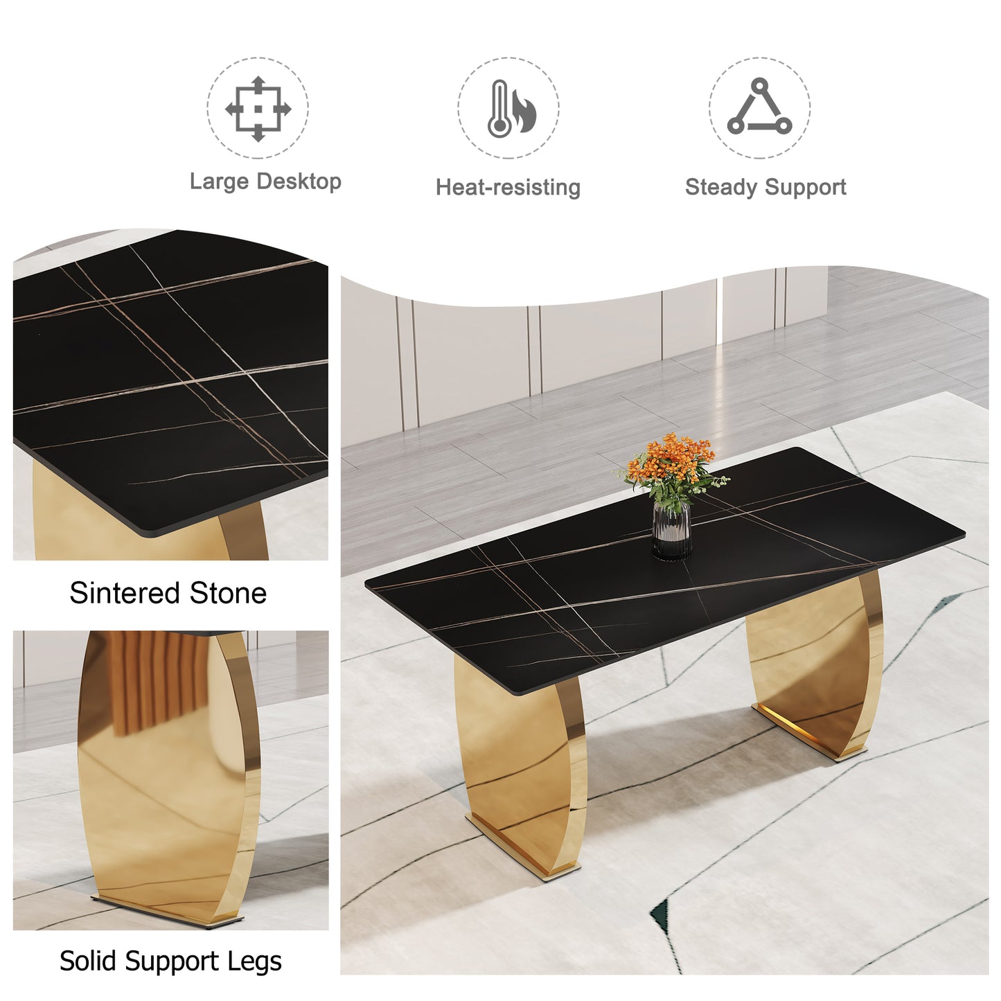 Table and chair set,Modern rectangular table with 0.4 inch black patterned tabletop and gold legs, suitable for kitchen, dining room, and living room , Comfortable PU seats,perfect for dinner, meet