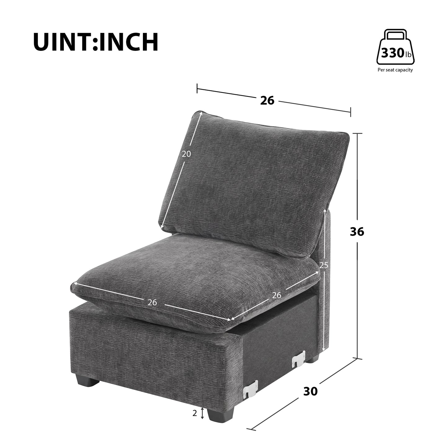 30*26" Single Seat Module for Modular Sectional Sofa,Deep Seat,Chenille,2 Colors