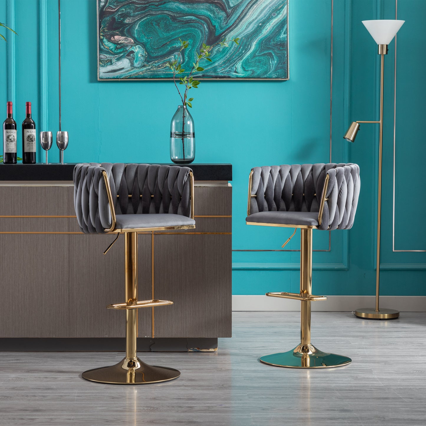 Set of 2 Bar Stools,with Chrome Footrest and Base Swivel Height Adjustable Mechanical Lifting Velvet + Golden Leg Simple Bar Stool-Grey