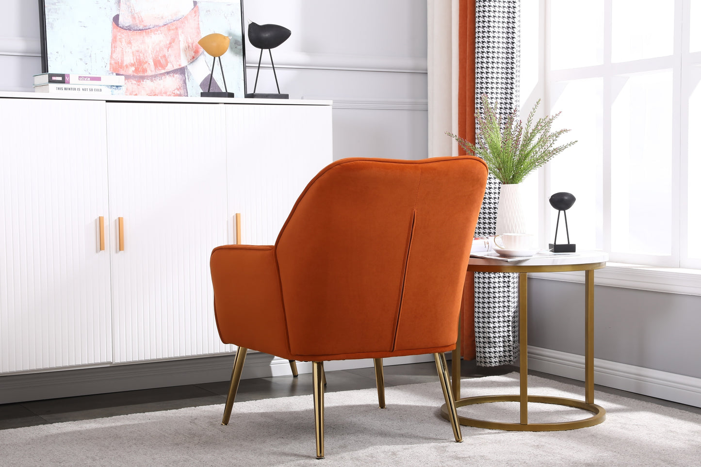 Modern Mid Century Chair velvet Sherpa Armchair for Living Room Bedroom Office Easy Assemble(ORANGE)