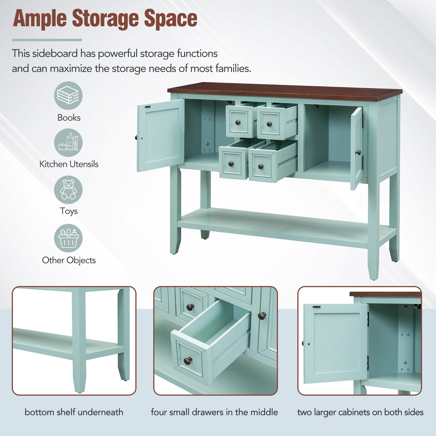 TREXM Cambridge Series Ample Storage Vintage Console Table with Four Small Drawers and Bottom Shelf for Living Rooms, Entrances and Kitchens (Retro Blue, OLD SKU: WF190263AAC)