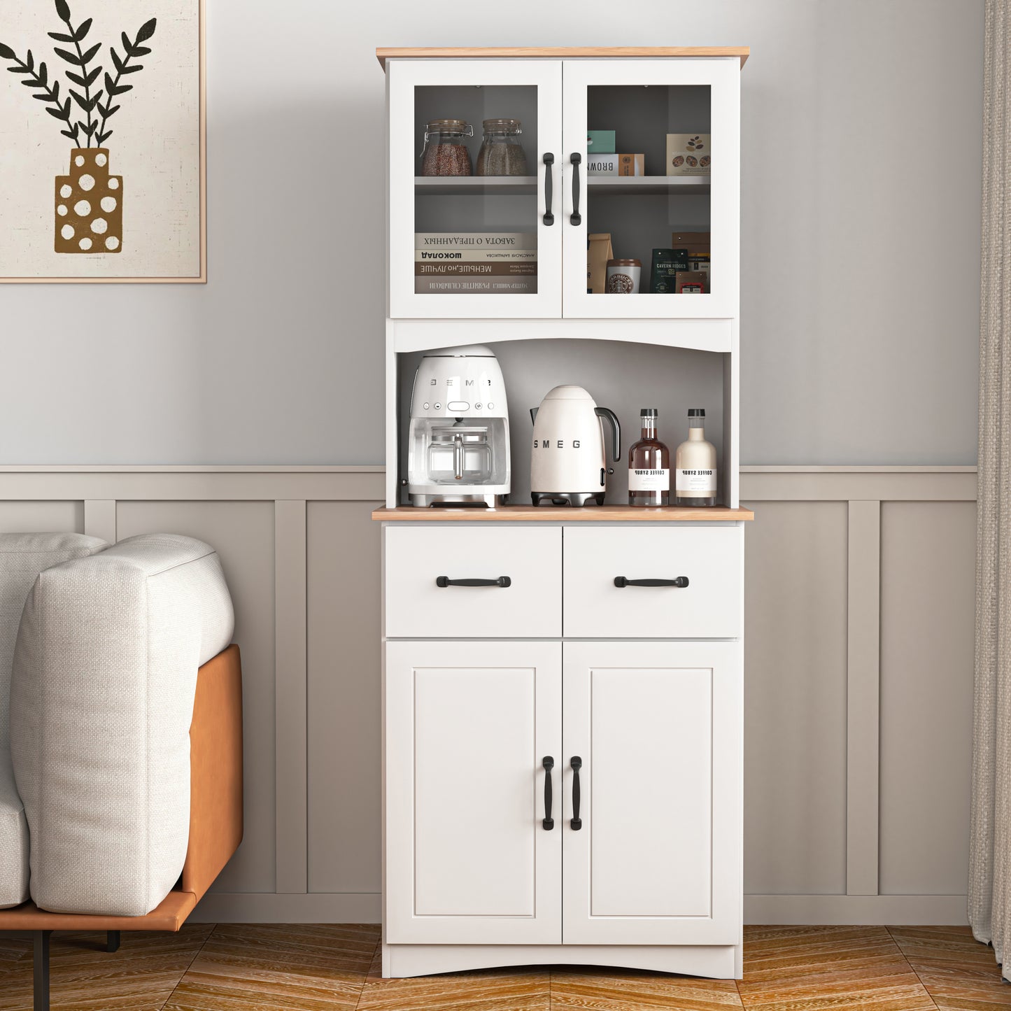 Gabinete de cocina de madera blanco para despensa, armario para microondas con puertas de vidrio enmarcadas y cajón.