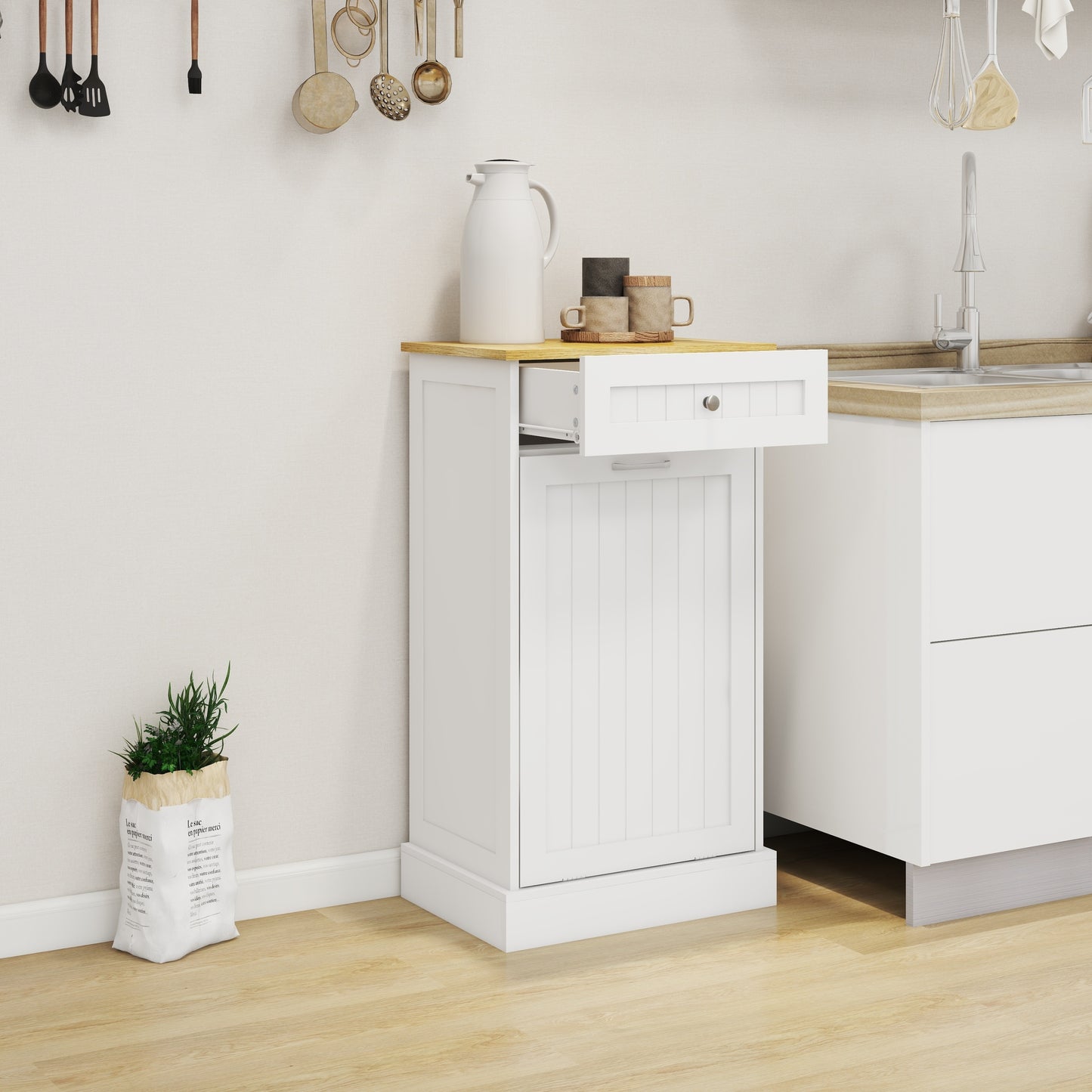 Gabinete de basura abatible con un cajón y un compartimento para cocina, color blanco