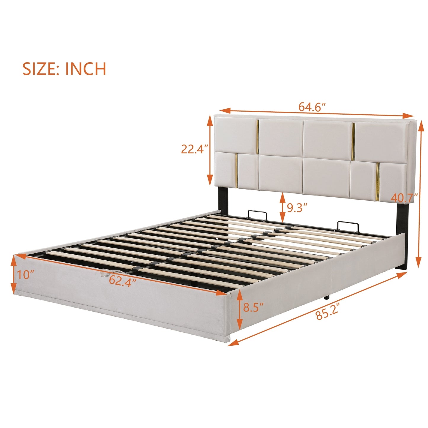 Juego de dormitorio de 2 piezas, cama Queen con plataforma tapizada y sistema de almacenamiento hidráulico, otomana con patas de metal, color beige.