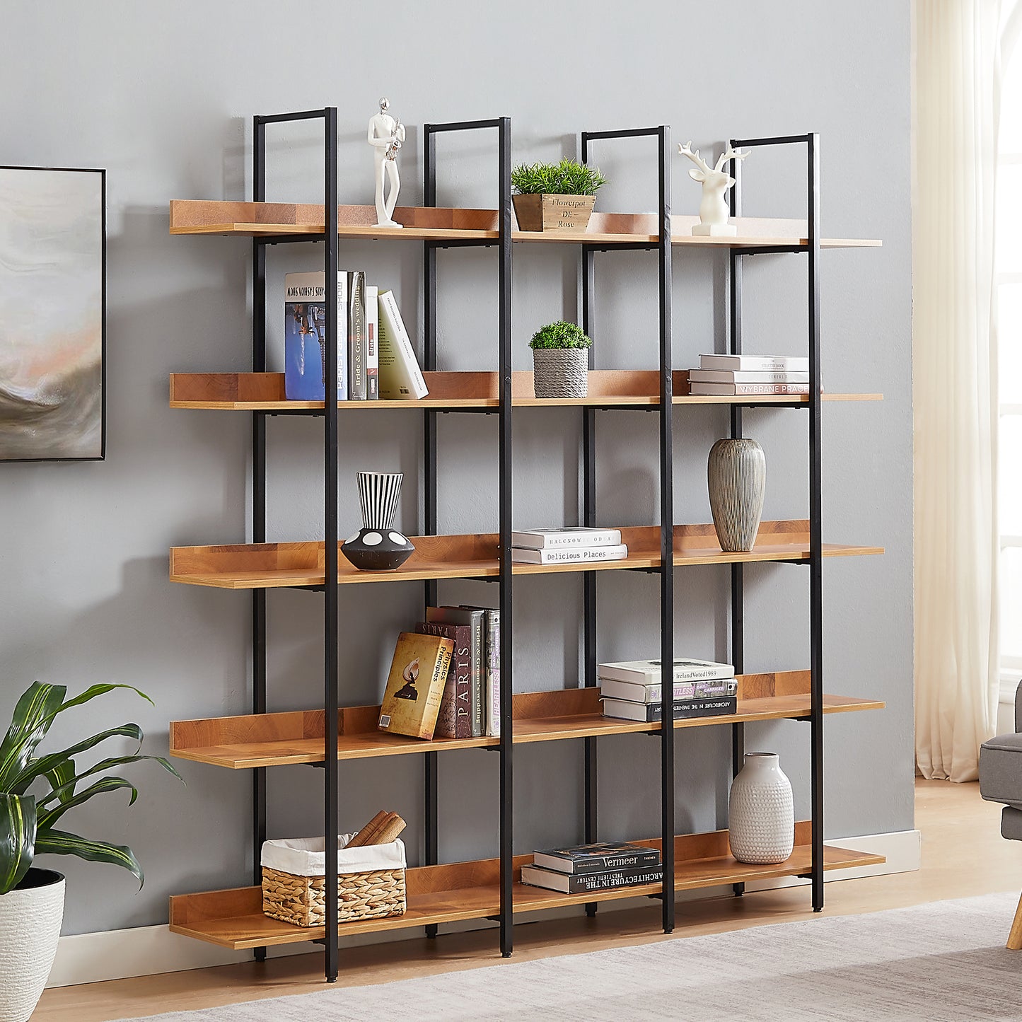 Estantería de 5 niveles para oficina en casa, estilo industrial vintage, tablero de MDF, estructura de metal negro, color marrón.