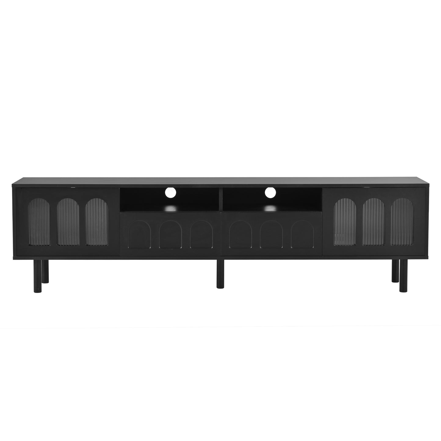 ON-TREND Cream Style TV Stand with LED Light Strip for TVs Up to 80'', Graceful Entertainment Center with 5 Solid Wood Legs, Large Storage Media Console with Fluted Tempered Glass Doors, Black