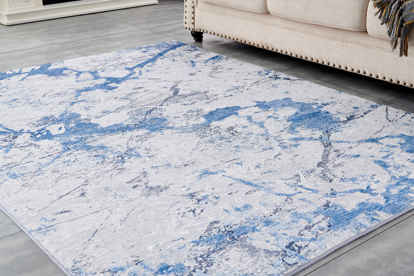 ZARA Collection Abstract Design Silver Blue (6' ft x 4' ft) Machine Washable Super Soft Area Rug