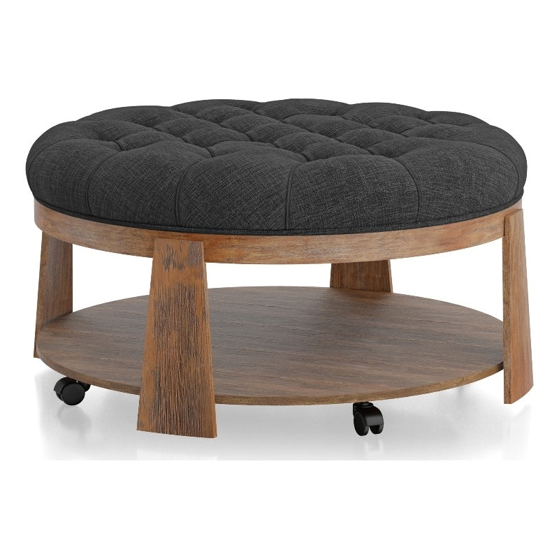 Wire-brushed Finish Natural Tone/Dark Gray 1pc Ottoman Transitional Style Deep Button Linen Like Tufted Seat Open Bottom Shelf Living Room