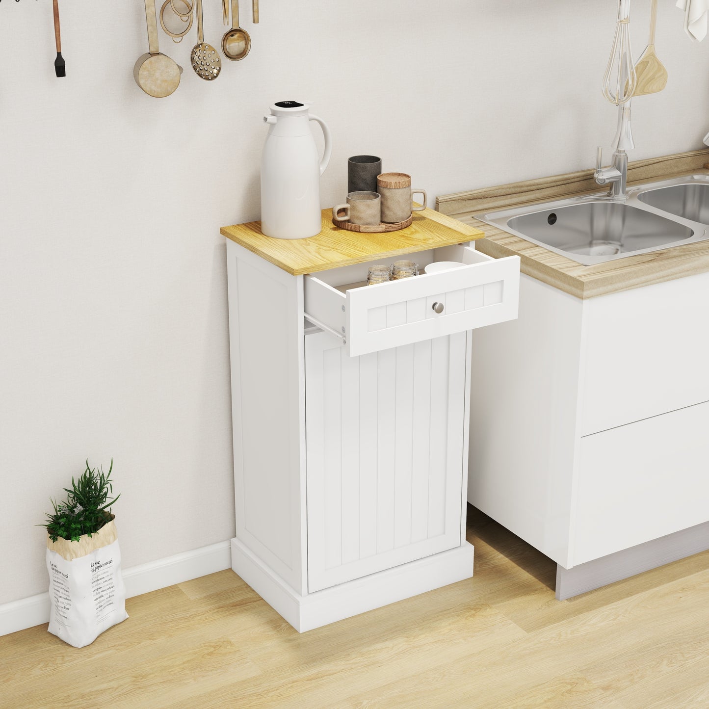 Gabinete de basura abatible con un cajón y un compartimento para cocina, color blanco