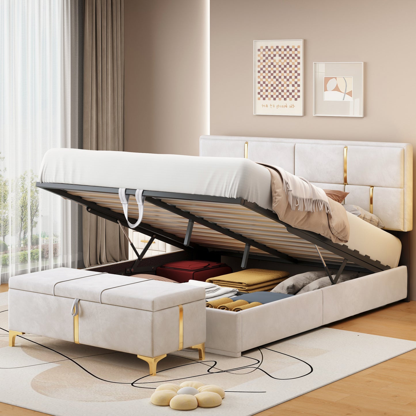 Juego de dormitorio de 2 piezas, cama Queen con plataforma tapizada y sistema de almacenamiento hidráulico, otomana con patas de metal, color beige.