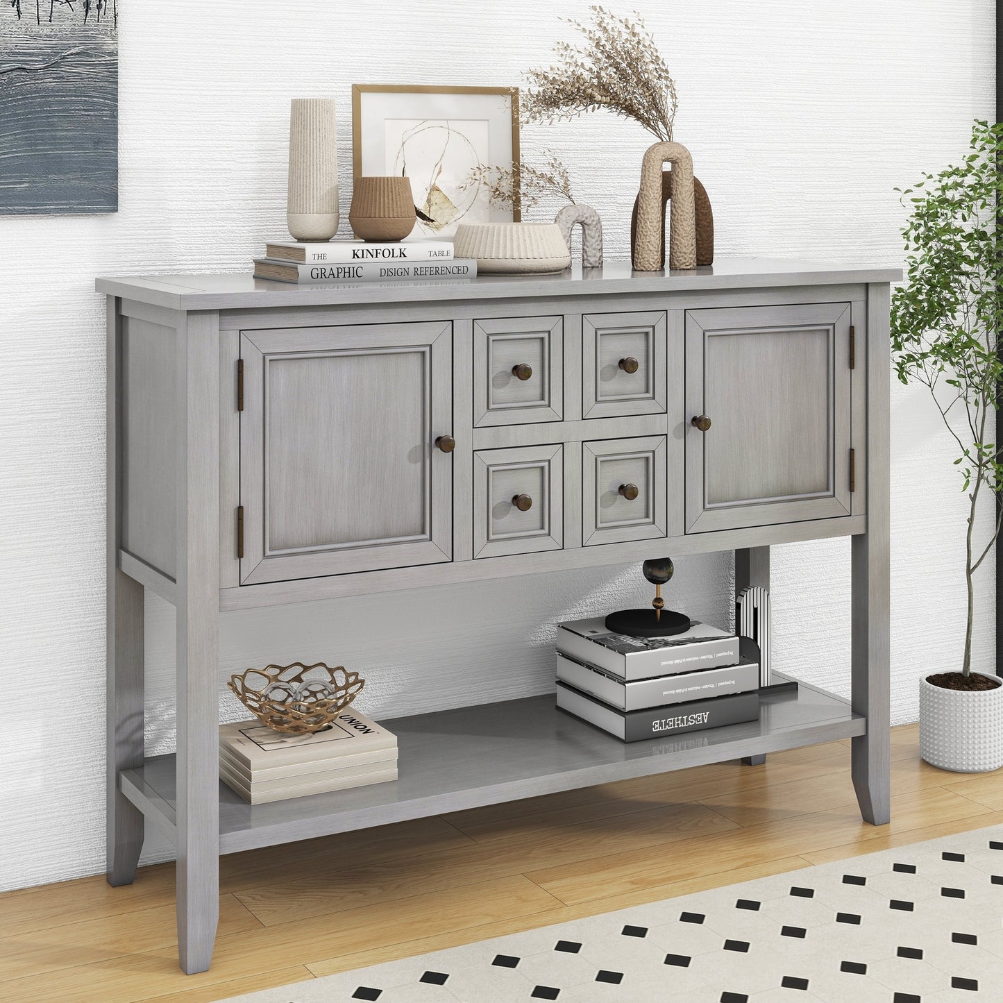 TREXM Cambridge Series Ample Storage Vintage Console Table with Four Small Drawers and Bottom Shelf for Living Rooms, Entrances and Kitchens (Antique Gray, OLD SKU: WF190263AAE)