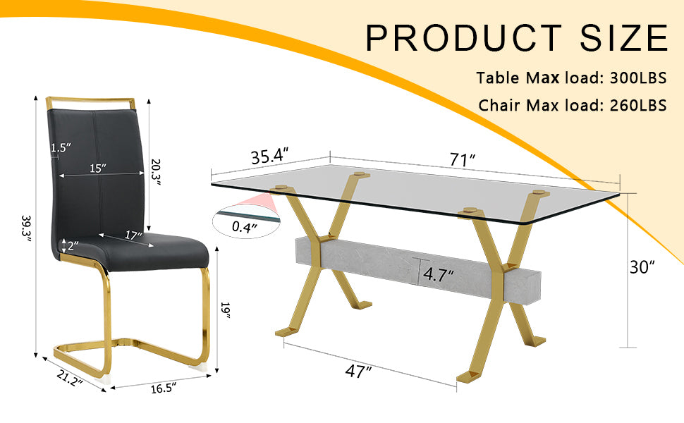 Table and chair set.Elegant Transparent Tempered Glass Dining Set - 71"x35.4" with 6 Black PU Chairs with golden C-tube metal leg.