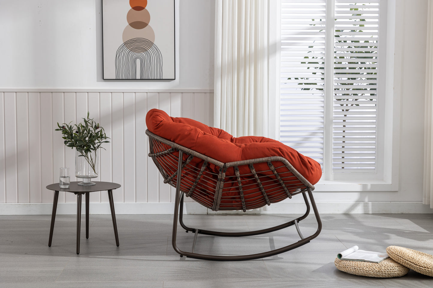 Mecedora de ratán para exterior, con cojín acolchado, reclinable, para porche, sala de estar, patio y jardín, color naranja