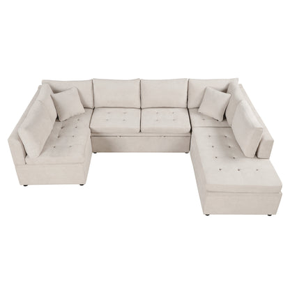 Sofá seccional extragrande de 117.3" en forma de U, sofá cama extraíble con dos cojines para sala de estar, color beige