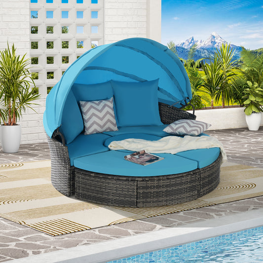 Outdoor Furniture Patio Round Daybed with Retractable Canopy, Soft Cushions, and Storable Table for Leisure in Porch Backyard