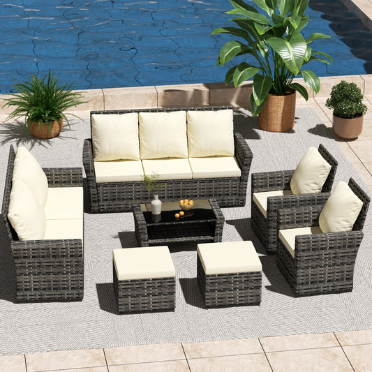 7 PCS PE/RATTAN OUTDOOR FURNITURE SET PATIO FURNITURE SET 9 SEATER