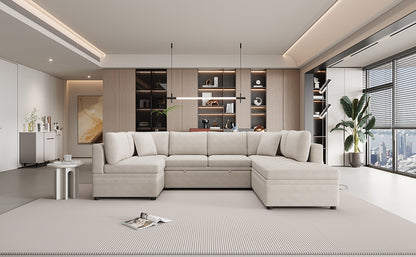 Sofá seccional extragrande de 117.3" en forma de U, sofá cama extraíble con dos cojines para sala de estar, color beige