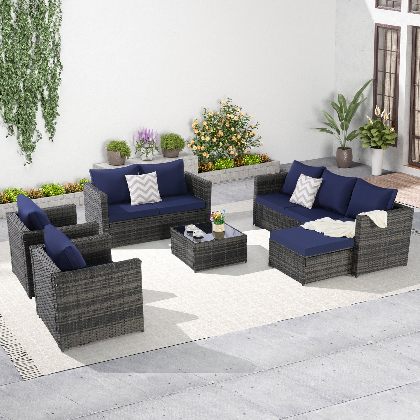 6 Piece Patio Furniture Set,Outdoor Wicker Rattan Sofa Conversation Set All Weather Patio Sectional Sofa Set with Glass Table, Cushions and Pillows for Garden, Backyard