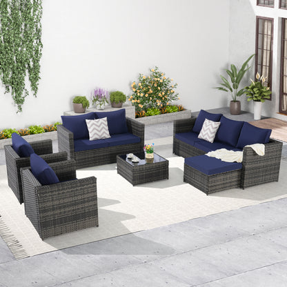 6 Piece Patio Furniture Set,Outdoor Wicker Rattan Sofa Conversation Set All Weather Patio Sectional Sofa Set with Glass Table, Cushions and Pillows for Garden, Backyard