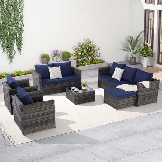 6 Piece Patio Furniture Set,Outdoor Wicker Rattan Sofa Conversation Set All Weather Patio Sectional Sofa Set with Glass Table, Cushions and Pillows for Garden, Backyard