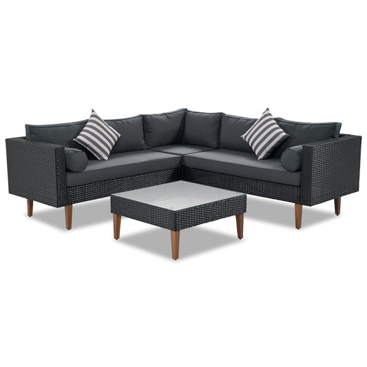 4-Pieces L-shape Outdoor Wicker Sofa Set with Colorful Pillows