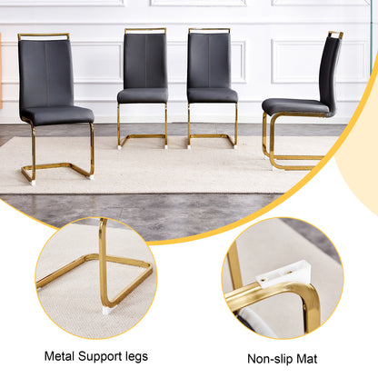 Table and chair set.Elegant Transparent Tempered Glass Dining Set - 71"x35.4" with 6 Black PU Chairs with golden C-tube metal leg.