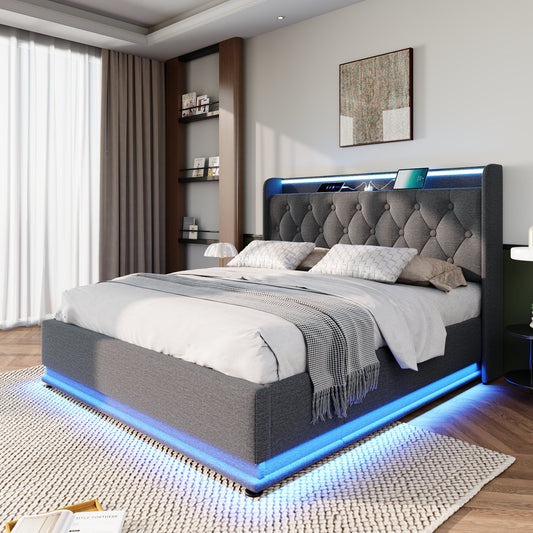 Full size Upholstered bed, 360 surround LED function, Buttons/Apps/Remote Control, hydraulic storage bed with USB Type-C charging, Gray,Linen (Without mattress)