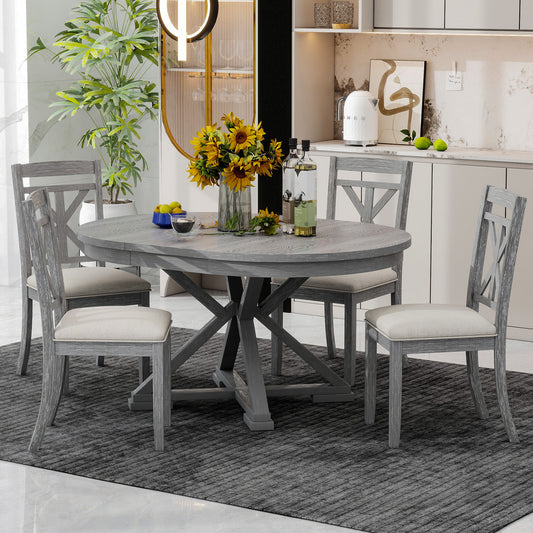 TREXM 5-Piece Retro Functional Dining Table Set Extendable Round Table and 4 Upholstered Chairs for Dining Room and Living Room (Grey)