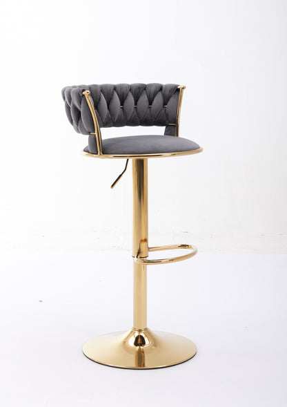 Set of 2  Bar Stools,with Chrome Footrest and Base Swivel Height Adjustable Mechanical Lifting Velvet + Golden Leg Simple Bar Stool-gray