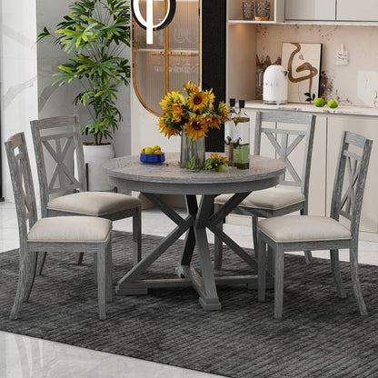 TREXM 5-Piece Retro Functional Dining Table Set Extendable Round Table and 4 Upholstered Chairs for Dining Room and Living Room (Grey)