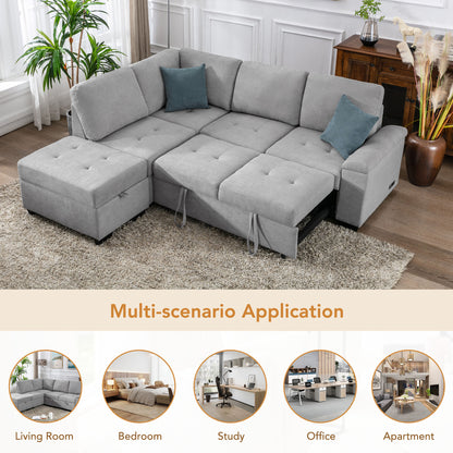 Sleeper Sectional Sofa, L-Shape Corner Couch Sofa-Bed with Storage Ottoman & Hidden Arm Storage & USB Charge  for Living Room Apartment, Gray