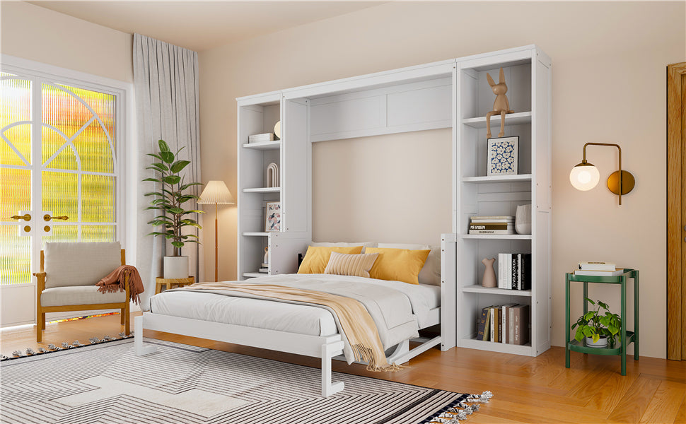 Queen Size Murphy Bed with Desk and Bookshelf, White