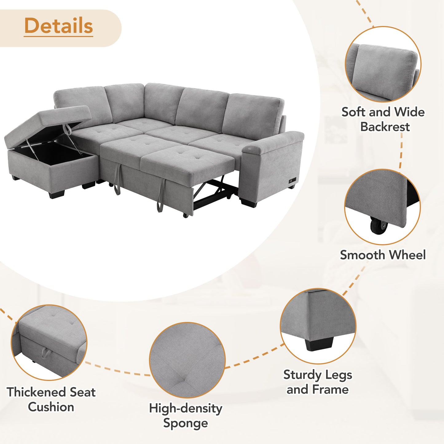 Sleeper Sectional Sofa, L-Shape Corner Couch Sofa-Bed with Storage Ottoman & Hidden Arm Storage & USB Charge  for Living Room Apartment, Gray