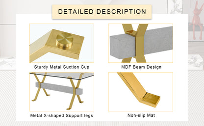 Table and chair set.Elegant Transparent Tempered Glass Dining Set - 71"x35.4" with 6 Black PU Chairs with golden C-tube metal leg.