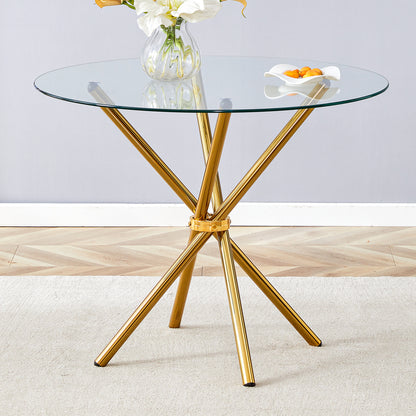 Round clear glass dining table with a unique shape for 4-6 people, with ring-shaped gathered gold metal legs, suitable for desks, kitchens, terraces, dining rooms.