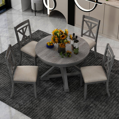 TREXM 5-Piece Retro Functional Dining Table Set Extendable Round Table and 4 Upholstered Chairs for Dining Room and Living Room (Grey)