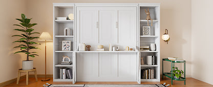 Queen Size Murphy Bed with Desk and Bookshelf, White