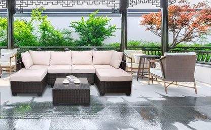 7pc Brown & Beige Patio Set – Outdoor Rattan Sectional w/ Glass Table
