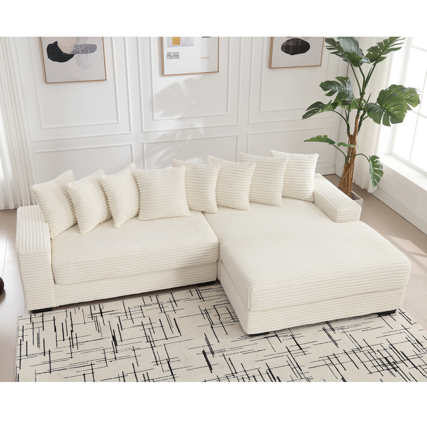Oversized Two-Piece  Couches,  L Shaped Sofa, Corduroy, Right Chaise Daybed,with Armrests,Eight Throw Pillows,Corner Sofa,Easy To Assemble, Beige