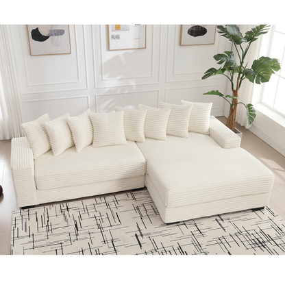Oversized Two-Piece  Couches,  L Shaped Sofa, Corduroy, Right Chaise Daybed,with Armrests,Eight Throw Pillows,Corner Sofa,Easy To Assemble, Beige