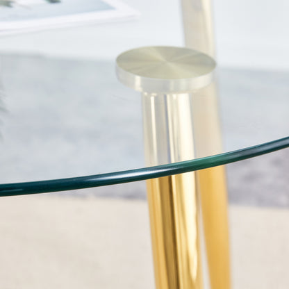 Table and chair set.36 Inch Diameter Modern Luxury Glass Dining Table and Chair Set - Gold Frame, Metal Legs.Two Black PU Chairs with Simple Line Designs On The Backrest.