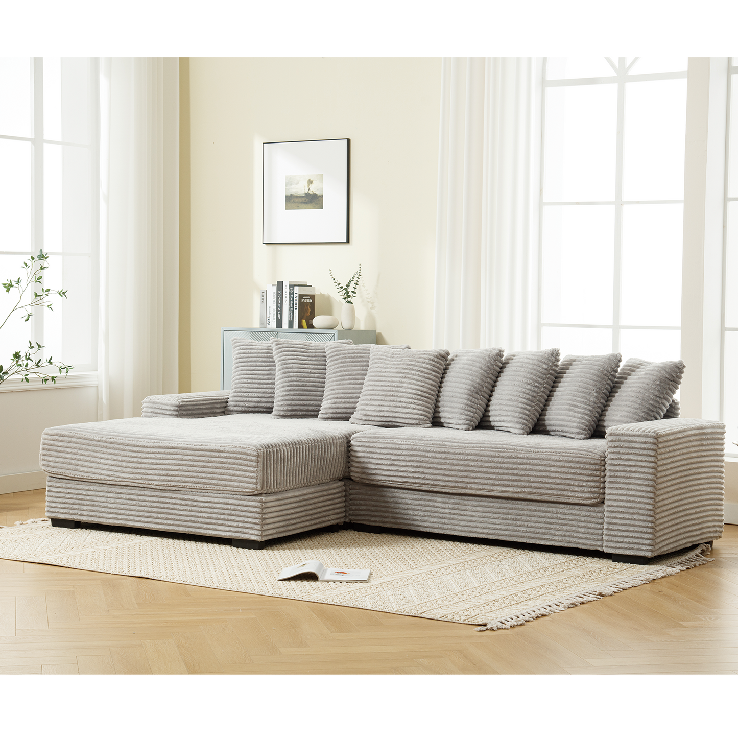Oversized Two-Piece  Couches,  L Shaped Sofa, Corduroy, Left Chaise Daybed,with Armrests,Eight Throw Pillows,Corner Sofa,Easy To Assemble,  Gray