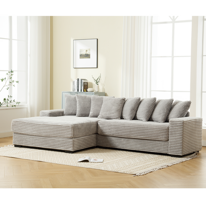 Oversized Two-Piece  Couches,  L Shaped Sofa, Corduroy, Left Chaise Daybed,with Armrests,Eight Throw Pillows,Corner Sofa,Easy To Assemble,  Gray