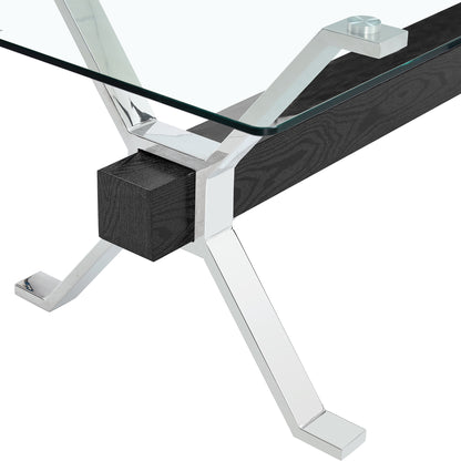 Table and chair set.Elegant Transparent Tempered Glass Dining Set - 71"x35.4" with 6 Black PU Chairs with a vertical stripe design on the backrest.
