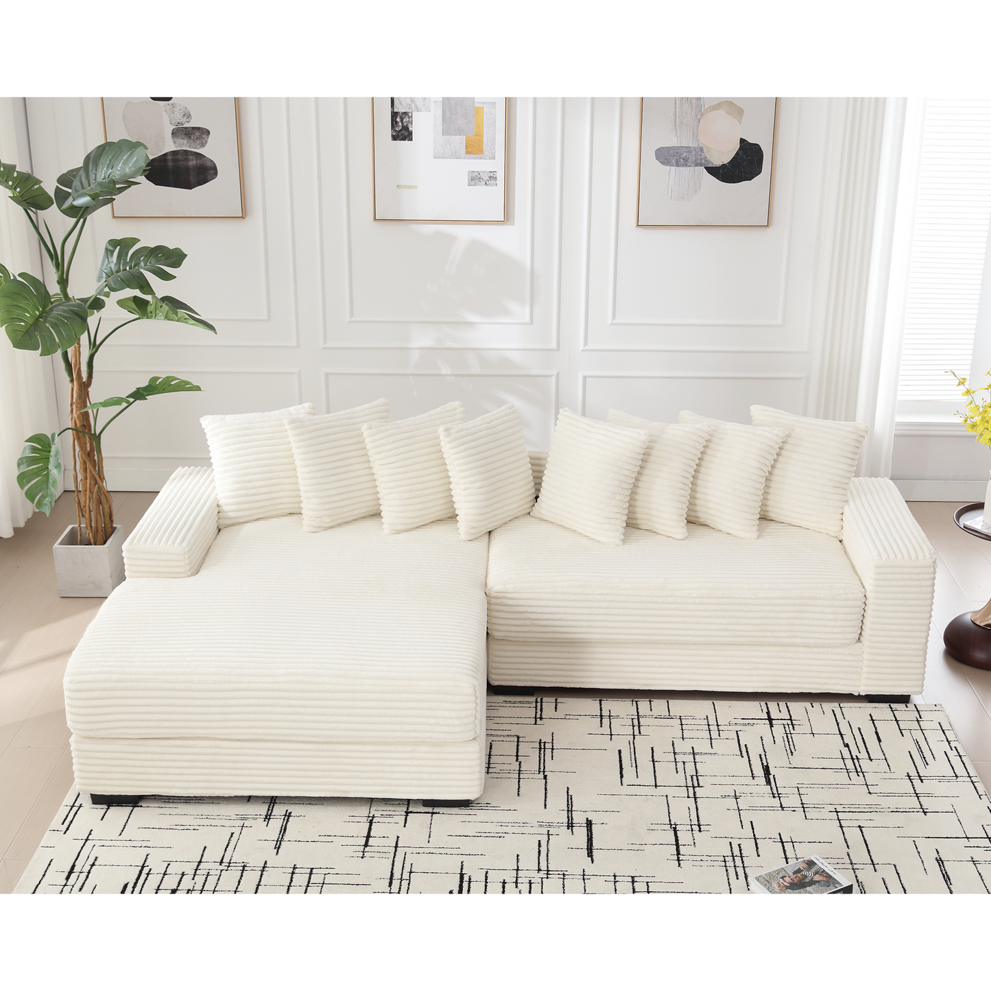 Oversized Two-Piece  Couches,  L Shaped Sofa, Corduroy, Left Chaise Daybed,with Armrests,Eight Throw Pillows,Corner Sofa,Easy To Assemble, Beige