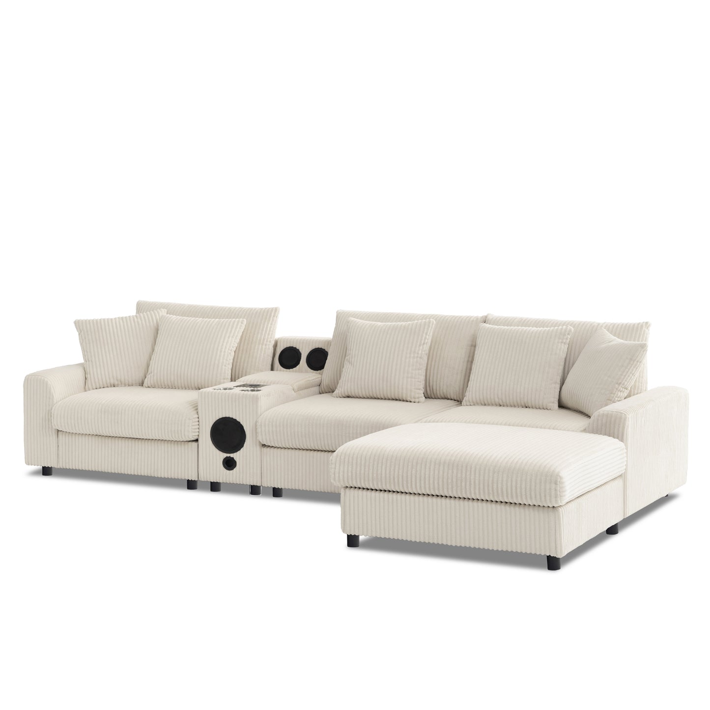 114" Corduroy Sectional Sofa with Bluetooth Speakers, Charging Console, Storage & Ottoman