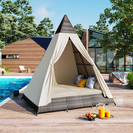 GO 90.5' Length Outdoor Sunbed With Colorful Pillows, Wicker Patio Daybed With Cushions, Tent Shape, Brown and Beige