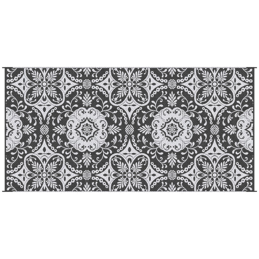 Outsunny Reversible Outdoor Rug, 9' x 18' Waterproof Plastic Straw Floor Mat, Portable RV Camping Carpet with Carry Bag, Large Floor Mat for Backyard, Deck, Picnic, Beach, Gray & White Floral