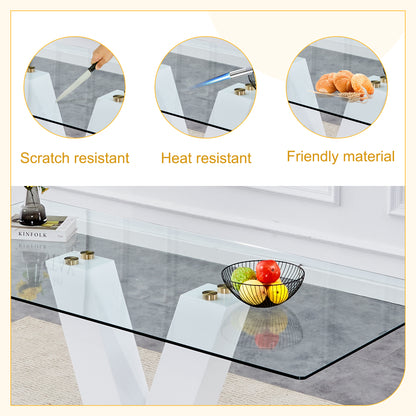 Table and chair set.Subtle Luxury Clear Tempered Glass Dining Set - 71"x35.4" with 6 Light Gray PU Chairs.C-tube Gold Metal Chair Legs.Bring a comfortable home experience to the kitchen, bedroom.